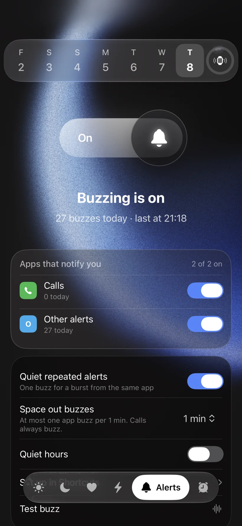 NotiTrac notification settings for Fitbit Air, quiet hours and buzz spacing