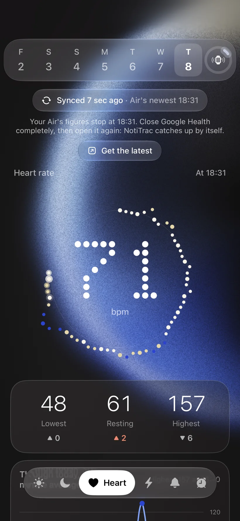 NotiTrac heart screen showing resting and daily heart rate