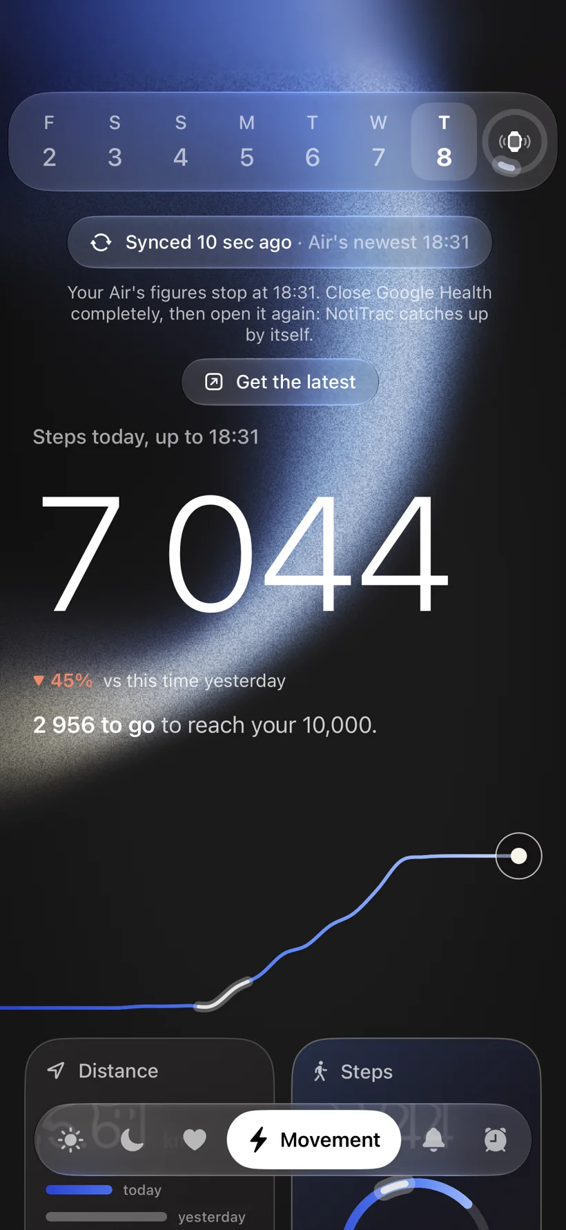 NotiTrac movement screen showing steps and distance