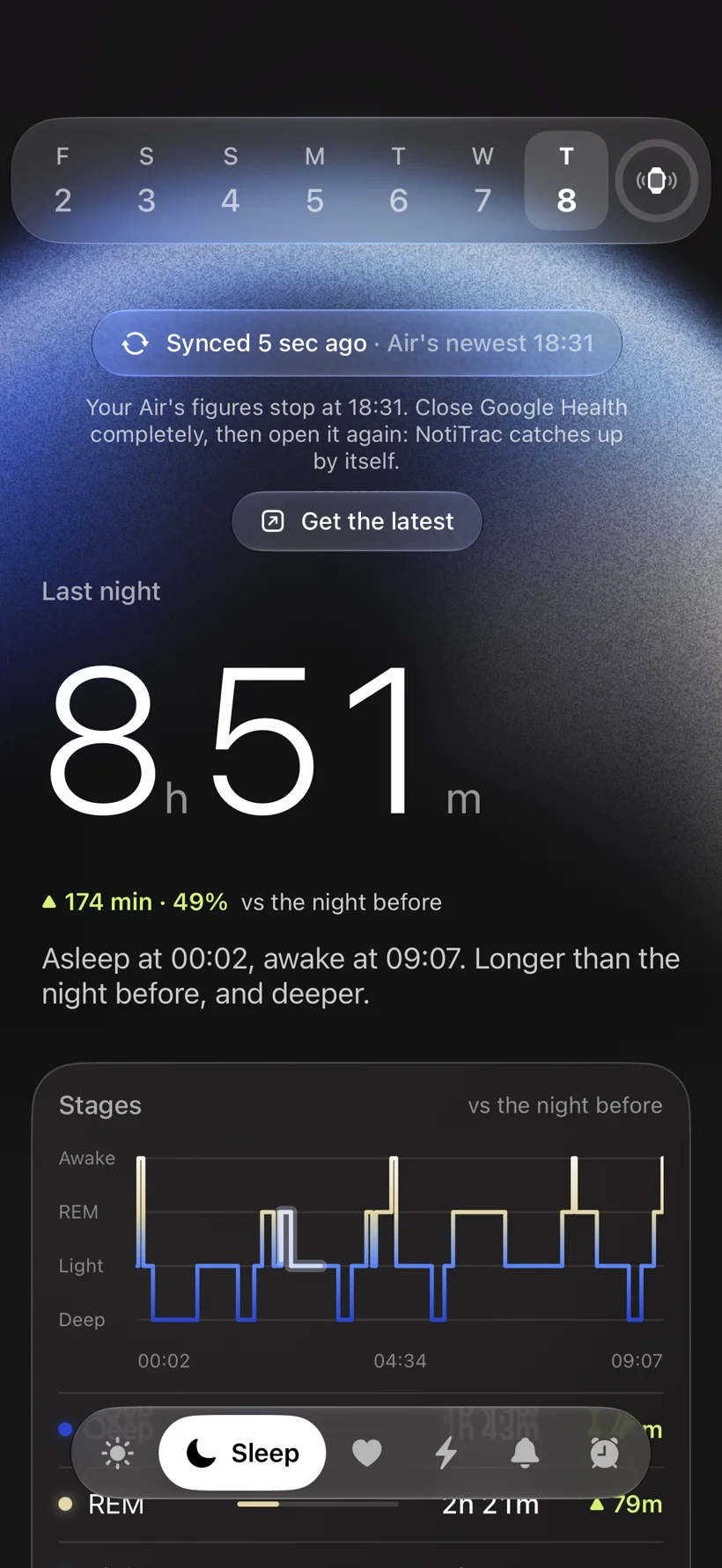 NotiTrac sleep screen showing last night’s sleep stages