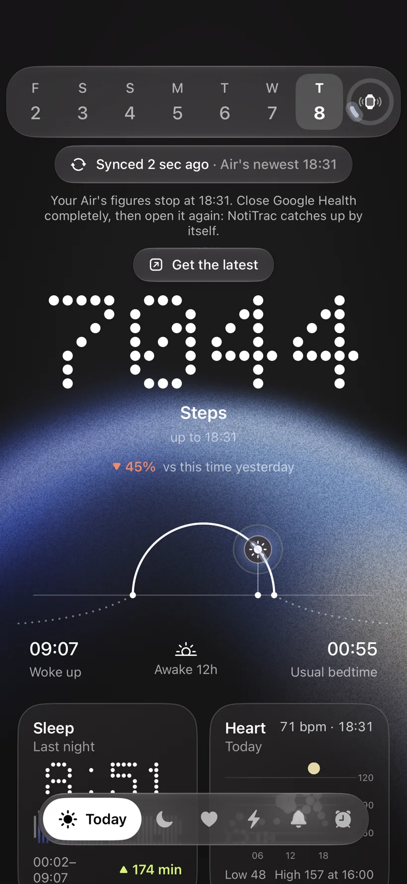 NotiTrac Today screen showing synced steps, sleep and heart rate